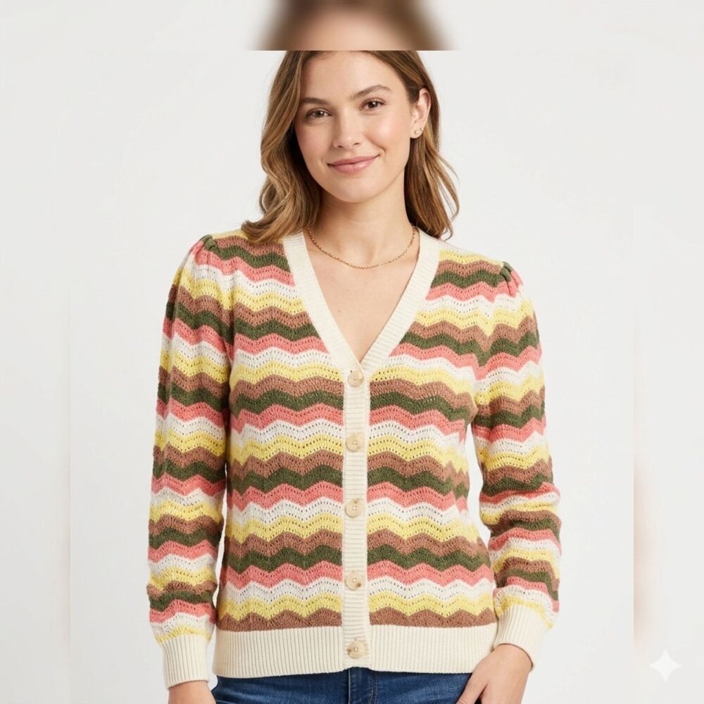 AnyBody Chevron Pointelle Knit Puff Sleeve Cardigan - Size XL